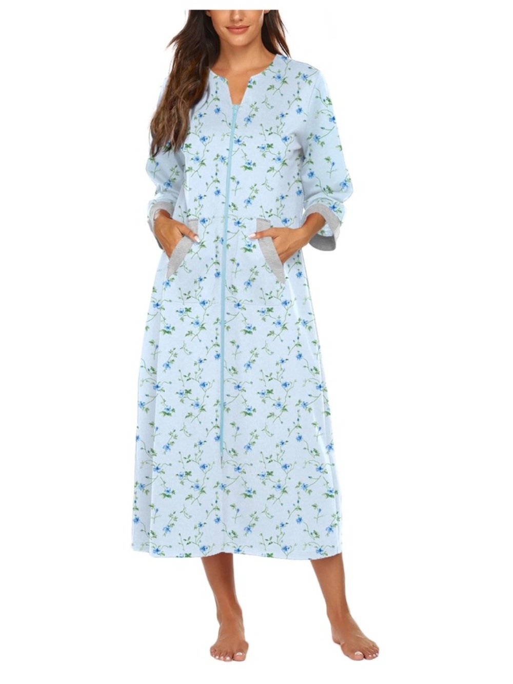 Cozy Floral Zip-Front Robe - Light Blue
